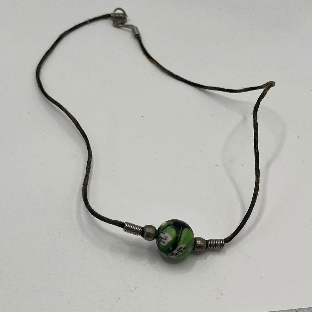 Handmade Cord Necklace with Murano Glass Bead and‎ Metal Accents